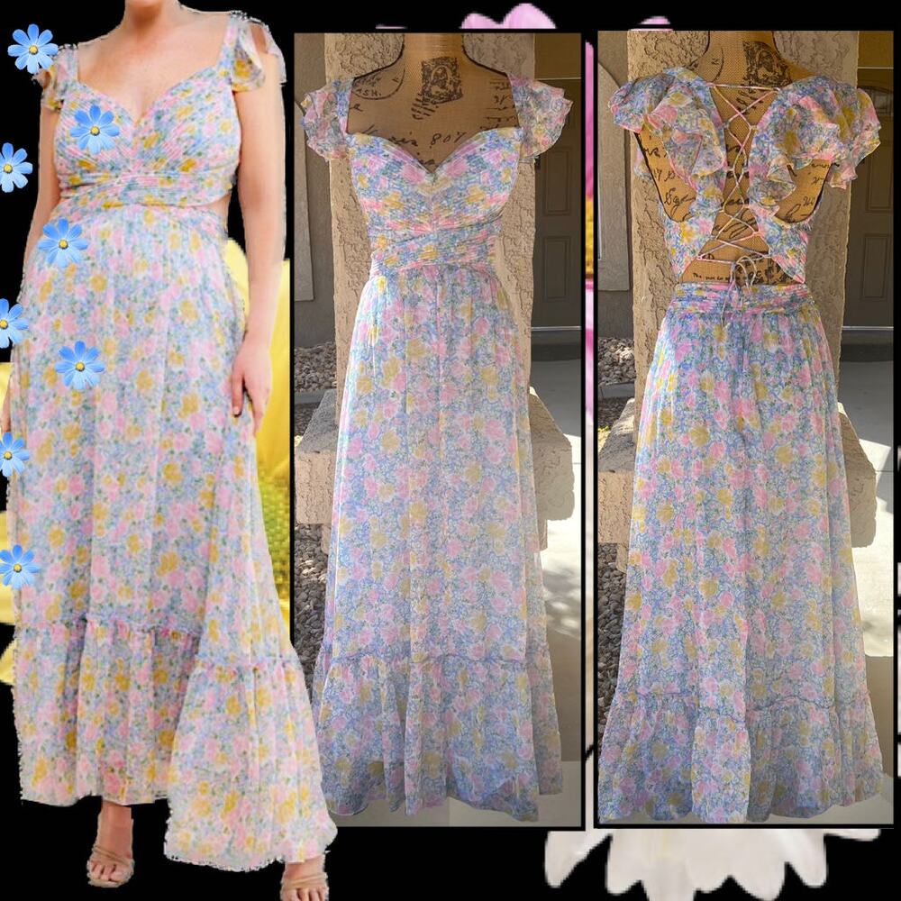 Astr Floral Maxi Dress in Pastel Pink, Blue & Yellow